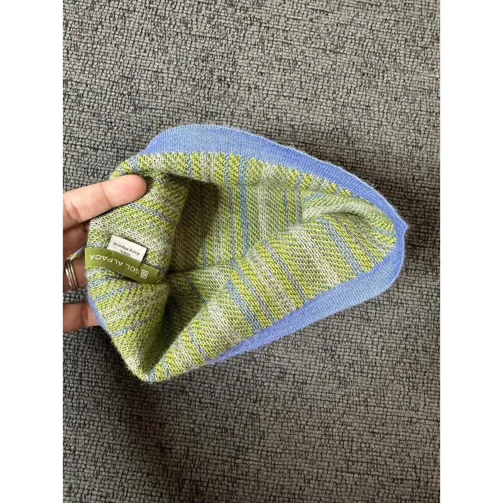 Sol Alpaca 100% Baby Alpaca Striped Knit Beanie One Size Multicolor